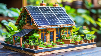 Eco-friendly model house with solar panels surrounded by green plants representing sustainable living