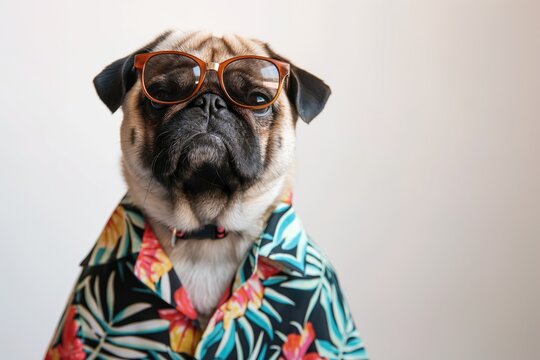 Stylish Pug Dog Dressed in a Tropical Shirt and Sunglasses Posing on a White Background.