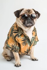 Stylish Pug Dog Dressed in a Tropical Shirt and Sunglasses Posing on a White Background.