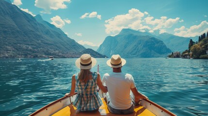  Couple taking a boat trip overlooking the lake blue sky romantic atmosphere telephoto lens realistic daylight --ar 16:9 Job ID: eead9bfd-f0a9-4c9b-a191-360d1a34cb1c - obrazy, fototapety, plakaty