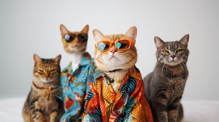 A several cats wearing a cool shirt and sunglasses sit on a white background.