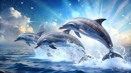 Playful dolphins jumping in the sparkling water