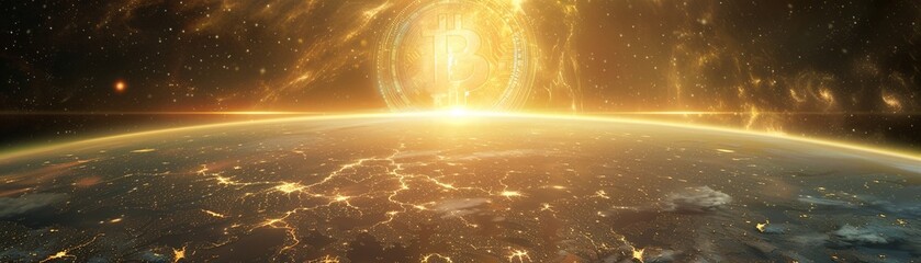 Heaven's gate opening to reveal a Bitcoin path, bird's-eye view, heavenly glow, inviting - obrazy, fototapety, plakaty