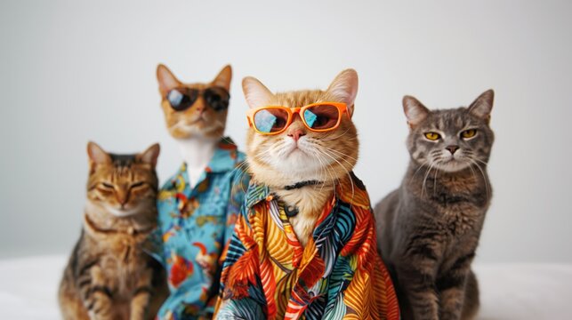 A several cats wearing a cool shirt and sunglasses sit on a white background.