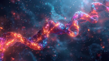 Abstract image of DNA strands twisting and turning, glowing neon colors against a dark background - obrazy, fototapety, plakaty