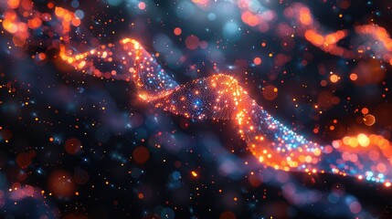 Abstract image of DNA strands twisting and turning, glowing neon colors against a dark background