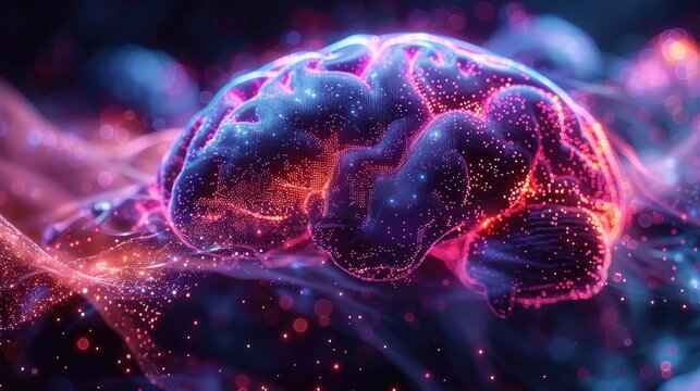 Abstract image of a brain with neural connections highlighted, vibrant neon colors