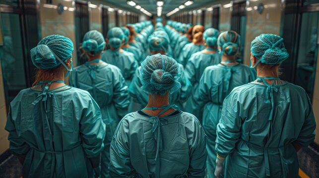 Abstract image of healthcare professionals in scrubs, overhead angle, muted tones