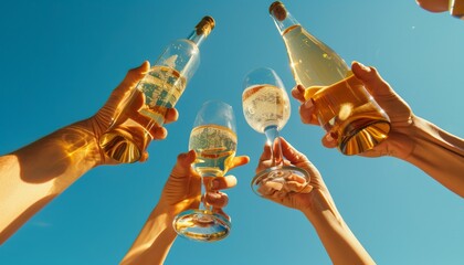 Hands clinking bottles against a clear blue sky. celebratory toast captured in bright, outdoor setting.