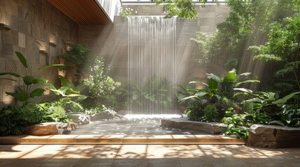 Architectural rendering of a healing garden in a hospital, serene, lush greenery,