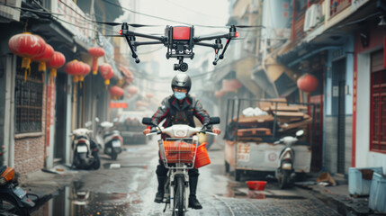 People in China use drones to deliver things, it's convenient, fast, and saves time. - obrazy, fototapety, plakaty