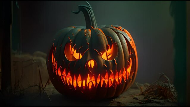 Halloween pumpkin smile and scary eyes for party night. Close up view of scary Halloween pumpkin with eyes glowing inside at black background.