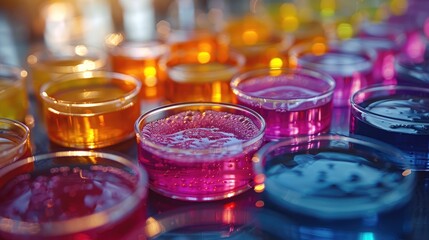 chemical reactions in petri dishes, colorful liquids mixing together, laboratory experiments and scientific concept - obrazy, fototapety, plakaty