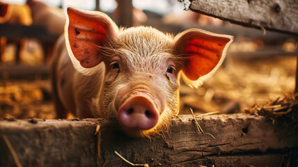 A close-up image of a young piglet peeking over a wooden fence on a farm, with the warm glow of sunset illuminating its face.
