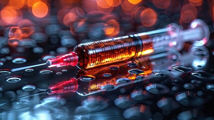 Close up of medical syringe with transparent liquid, medical labels, and reflections - obrazy, fototapety, plakaty