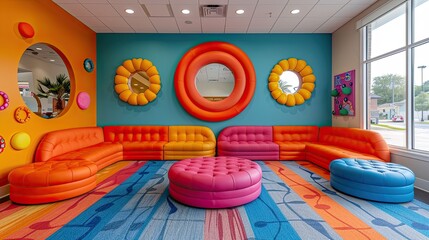 Child-friendly dental office waiting area, colorful and interactive decor