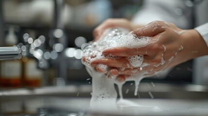 Fototapeta premium Close-up of a doctor's hands washing with soap, hygiene concept