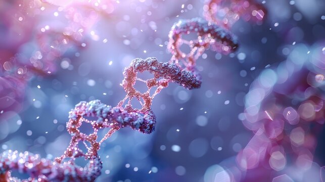 close-up of DNA helix model, genetics and scientific research concept, blue background