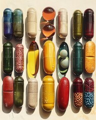 Colorful illustration of various vitamins and minerals, glossy finish - obrazy, fototapety, plakaty