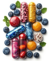 Colorful illustration of various vitamins and minerals, glossy finish