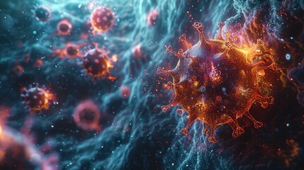 Conceptual image of a virus being fought off by antibodies, dynamic action scene