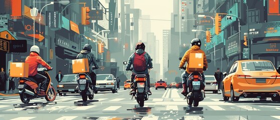 Illustration of delivery personnel on various vehicles like bikes, motorcycles, and cars, navigating through urban traffic to deliver packages efficiently.