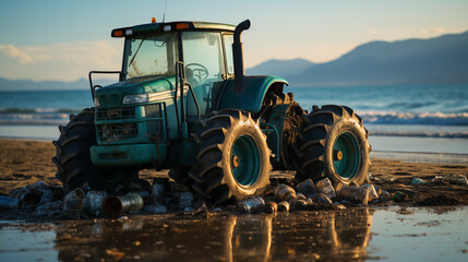 Watch as a sturdy tractor diligently clears debris from the beach, its robust tires and powerful engine making quick work of the cleanup task, ensuring a pristine shoreline for all to enjoy