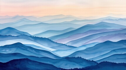 Abstract landscape of layered mountain ranges in soft watercolor tones - obrazy, fototapety, plakaty