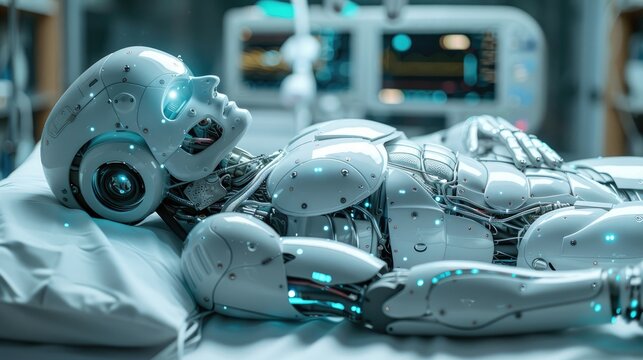 Futuristic visualization of a robotic surgical assistant in an operating room, metallic sheen