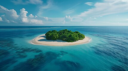 An aerial view of a remote island paradise with white sandy beaches and clear blue waters - obrazy, fototapety, plakaty