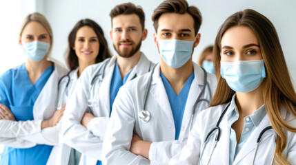 free space for title banner with Medical team members medical care on the right corner ,on the clean background