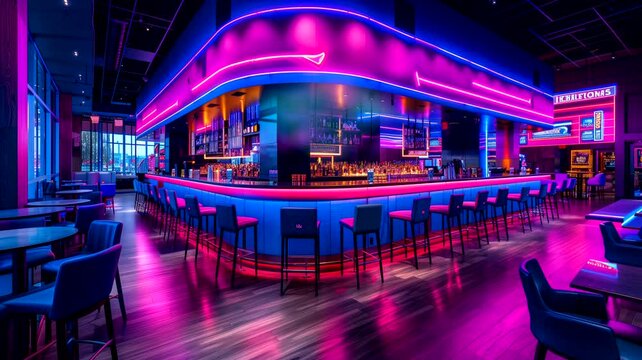 Cozy cafe interior with neon lighting at night. seamless looping 4k time-lapse video background