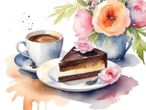 Image of a cup of coffee, a piece of cake and watercolor flowers.