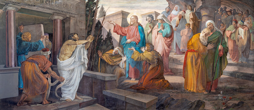 MILAN, ITALY - MARCH 4, 2024: The fresco of  Resurrection of Lazarus in the church Chiesa di San Giorgio al Palazzo by Virginio Monti (1891).