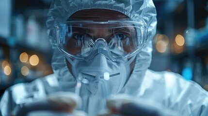 scientist in protective gear working with hazardous materials in a lab, safety precautions concept