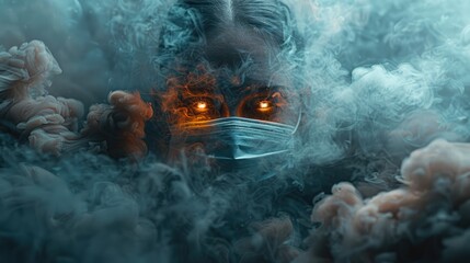 Surreal image of a medical mask floating in mid-air, surrounded by swirling smoke and fog - obrazy, fototapety, plakaty