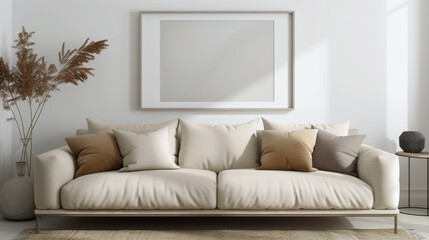 interior design of modern living room with beige fabric sofa and cushions. White wall with frame and space for text, living, furniture.