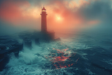 A beacon atop a lighthouse guiding ships to safety. Concept of providing a beacon of hope. Generative Ai. - Powered by Adobe