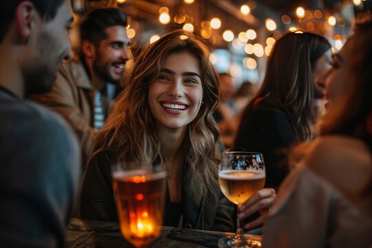 Image of coworkers going out for drinks after work, laughing and chatting in a bustling bar or pub, reflecting a social and unwinding atmosphere.