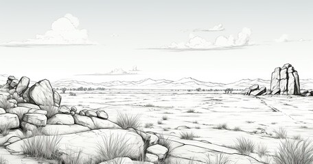 A detailed outline drawing of a sparse steppe, isolated rock formations, under a large, mostly clear sky.