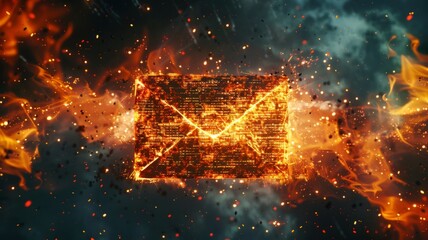 Golden email icon amidst fiery explosion - A glistening golden email icon is set ablaze amongst a fiery backdrop, symbolizing a powerful message or alert