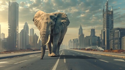A majestic elephant strolling in city - A mighty elephant walks boldly down a city road, symbolizing nature's intrusion into urban landscapes - obrazy, fototapety, plakaty