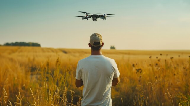 Man controlling a flying drone in golden fields - A modern exploration image showing a man piloting a drone over golden agricultural fields during the sunset