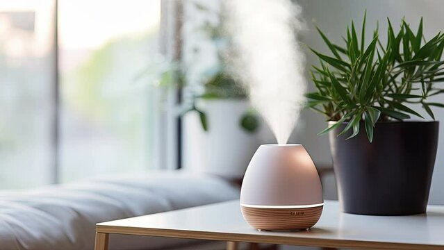 Aroma oil diffuser on table in modern home, steam rising from diffuser, background of a soft white wall and green plants.