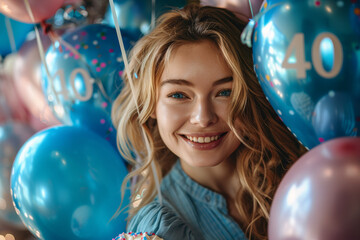 Fototapeta na wymiar A middle-aged woman surrounded by balloons and streamers, holding a cake with the number 