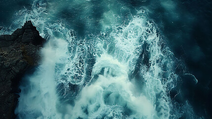 An aerial view of a rugged coastline battered by crashing waves - obrazy, fototapety, plakaty