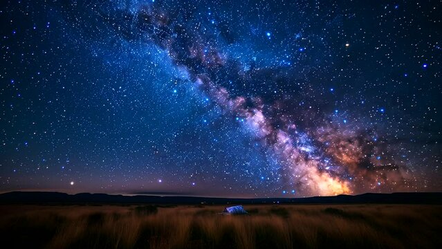 Grassland under the starry sky and shooting star animation. seamless looping 4k time-lapse animation video background