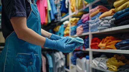 Close-up photo capturing the hands of a laundry attendant expertly sorting and treating clothes before washing