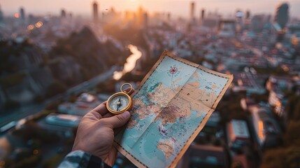 Close-up photograph of a tourists hand holding a map and a vintage compass with a scenic city vista in the soft-focus background - obrazy, fototapety, plakaty