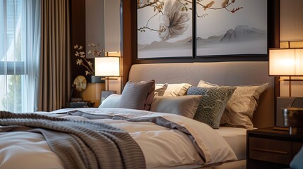 Close-up photograph of the exquisite details in a suite hotels master bedroom featuring a king-sized bed with high-thread-count linens